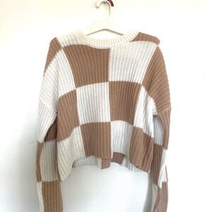 Cozy Checkered Color Block  Knit Sweater - White and Tan Moon & Madison